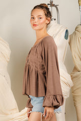 Front Smocked Top - Mocha ONLY S LEFT