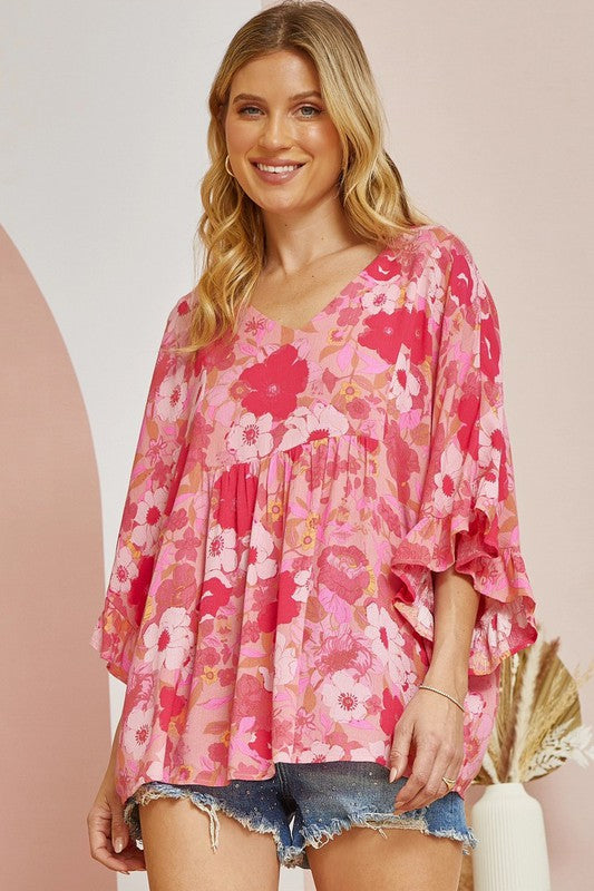 Floral Poncho Blouse - Pink ONLY 1 MEDIUM LEFT