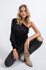 One Shoulder Sweater with Pearl Accents - Black