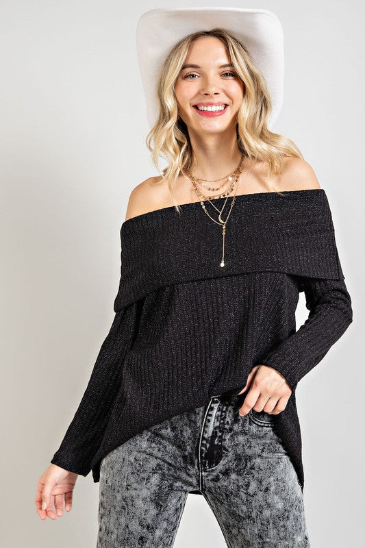 Off the Shoulder Sweater with Metallic Detail - Black