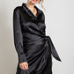 Satin Surplice Dress with Feather Trim Hem - Black ONLY L LEFT