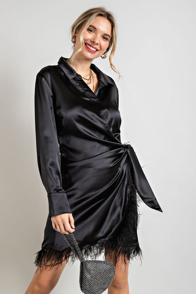 Satin Surplice Dress with Feather Trim Hem - Black ONLY L LEFT