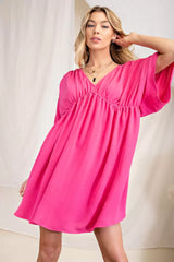 V Neck Shirred Detail Dress - Pink Pop