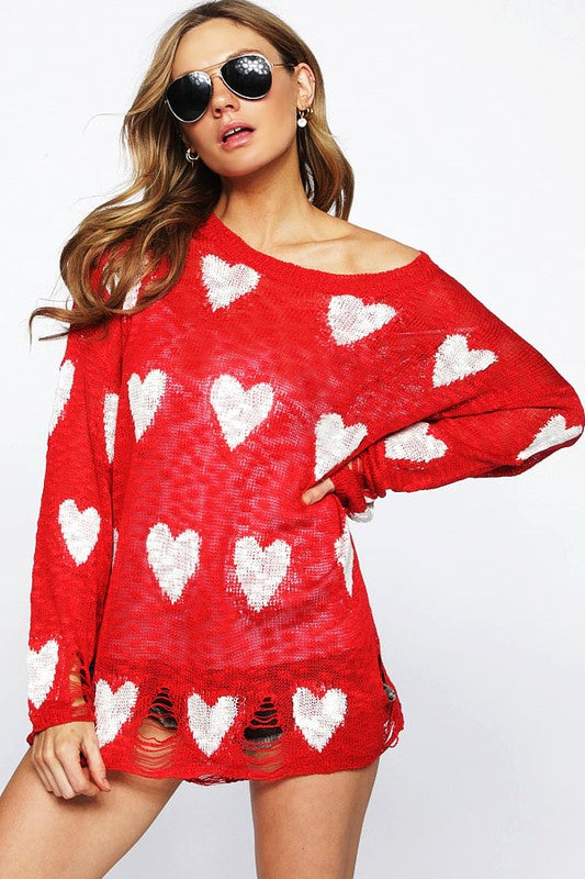 Heart Slub Distressed Sweater Top