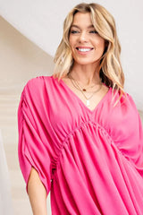 V Neck Shirred Detail Dress - Pink Pop