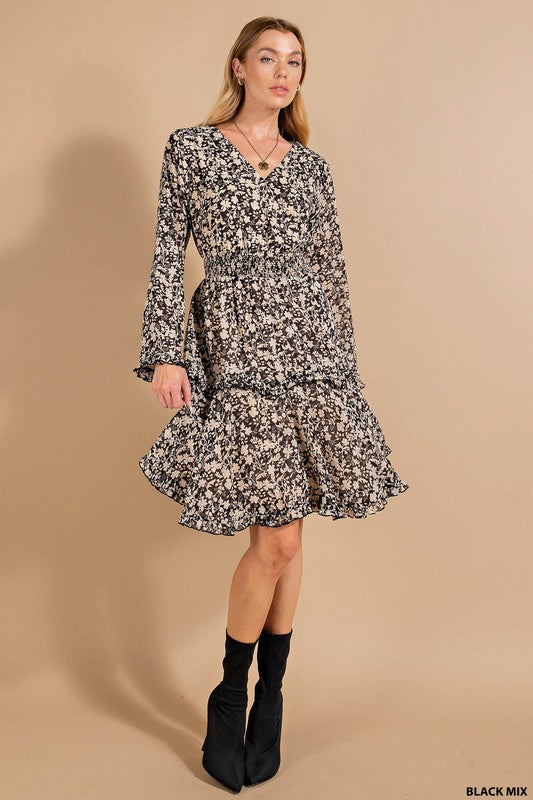 Floral Surplice Tiered Dress - Black Mix ONLY 1 LARGE LEFT