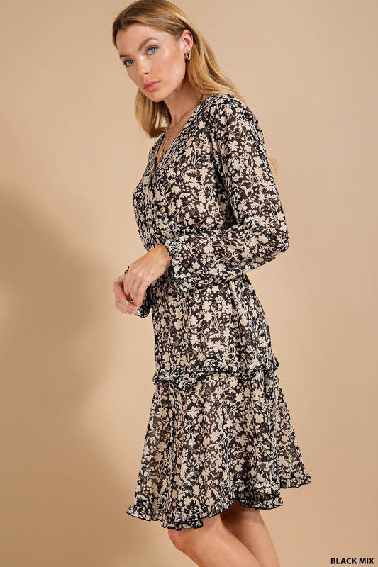 Floral Surplice Tiered Dress - Black Mix ONLY 1 LARGE LEFT