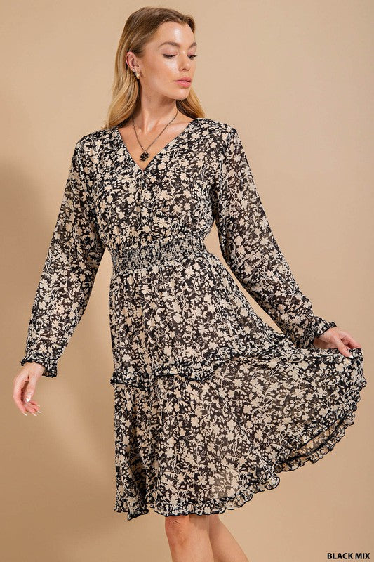 Floral Surplice Tiered Dress - Black Mix ONLY 1 LARGE LEFT