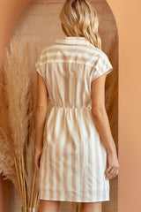 Casual Striped Cotton Dress - Beige