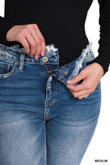 Frayed Edged Waist Flare Denim Pants With Side Slits - Medium