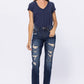 Mid Rise Destroyed Boyfriend Jeans - Dark Denim