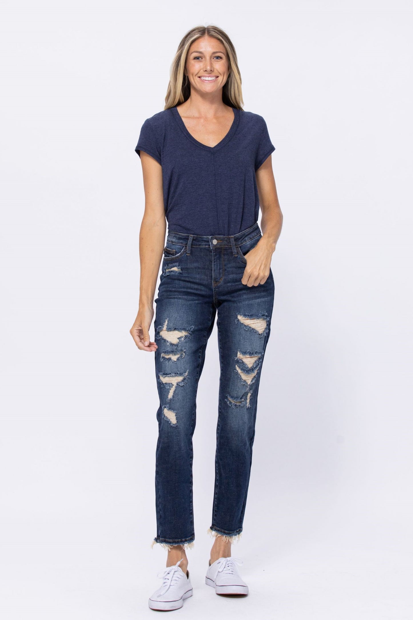 Mid Rise Destroyed Boyfriend Jeans - Dark Denim