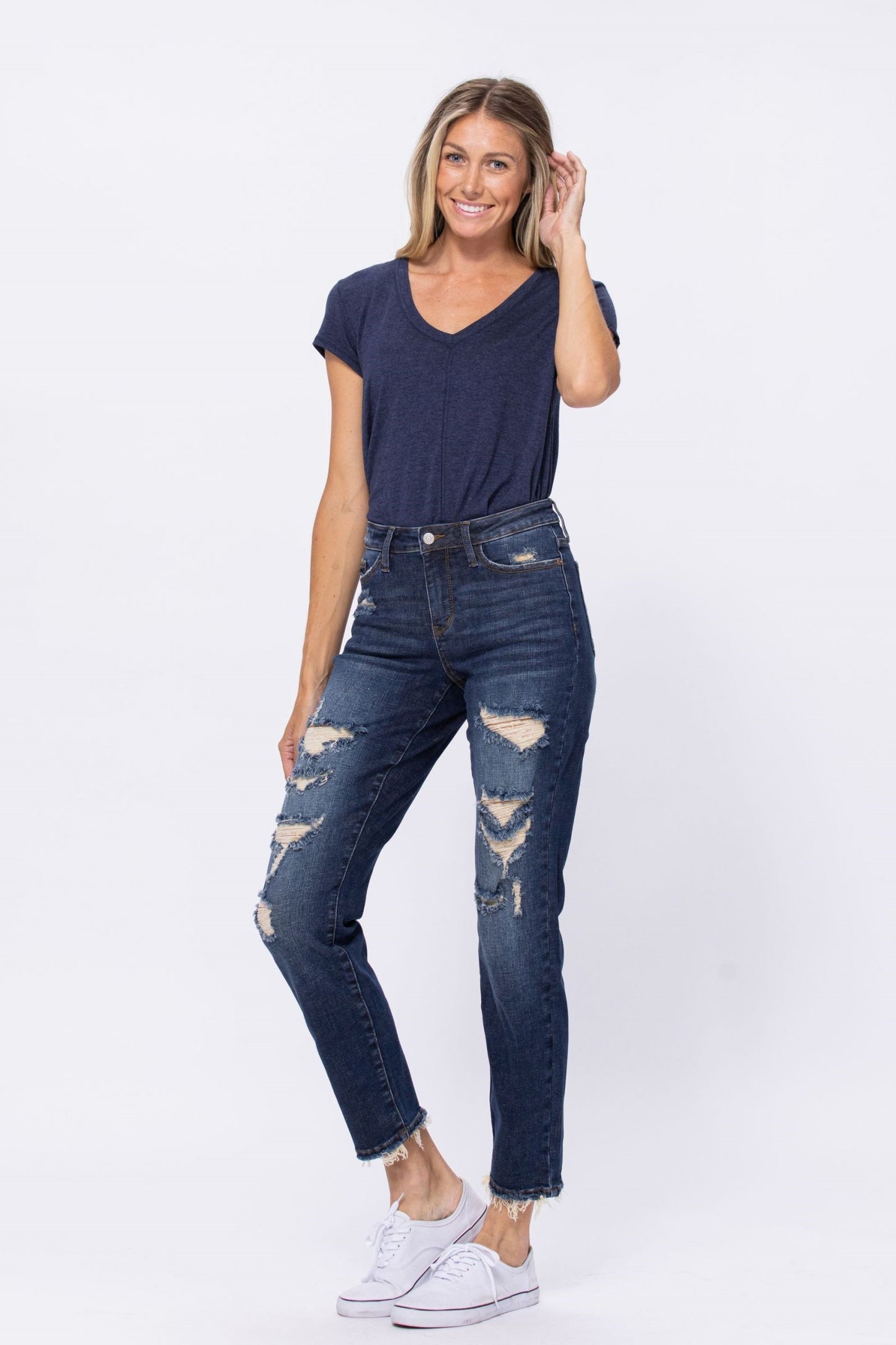 Mid Rise Destroyed Boyfriend Jeans - Dark Denim