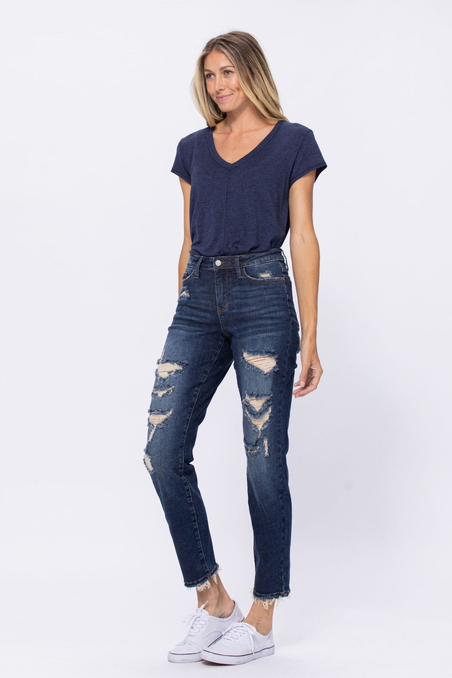 Mid Rise Destroyed Boyfriend Jeans - Dark Denim