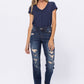 Mid Rise Destroyed Boyfriend Jeans - Dark Denim