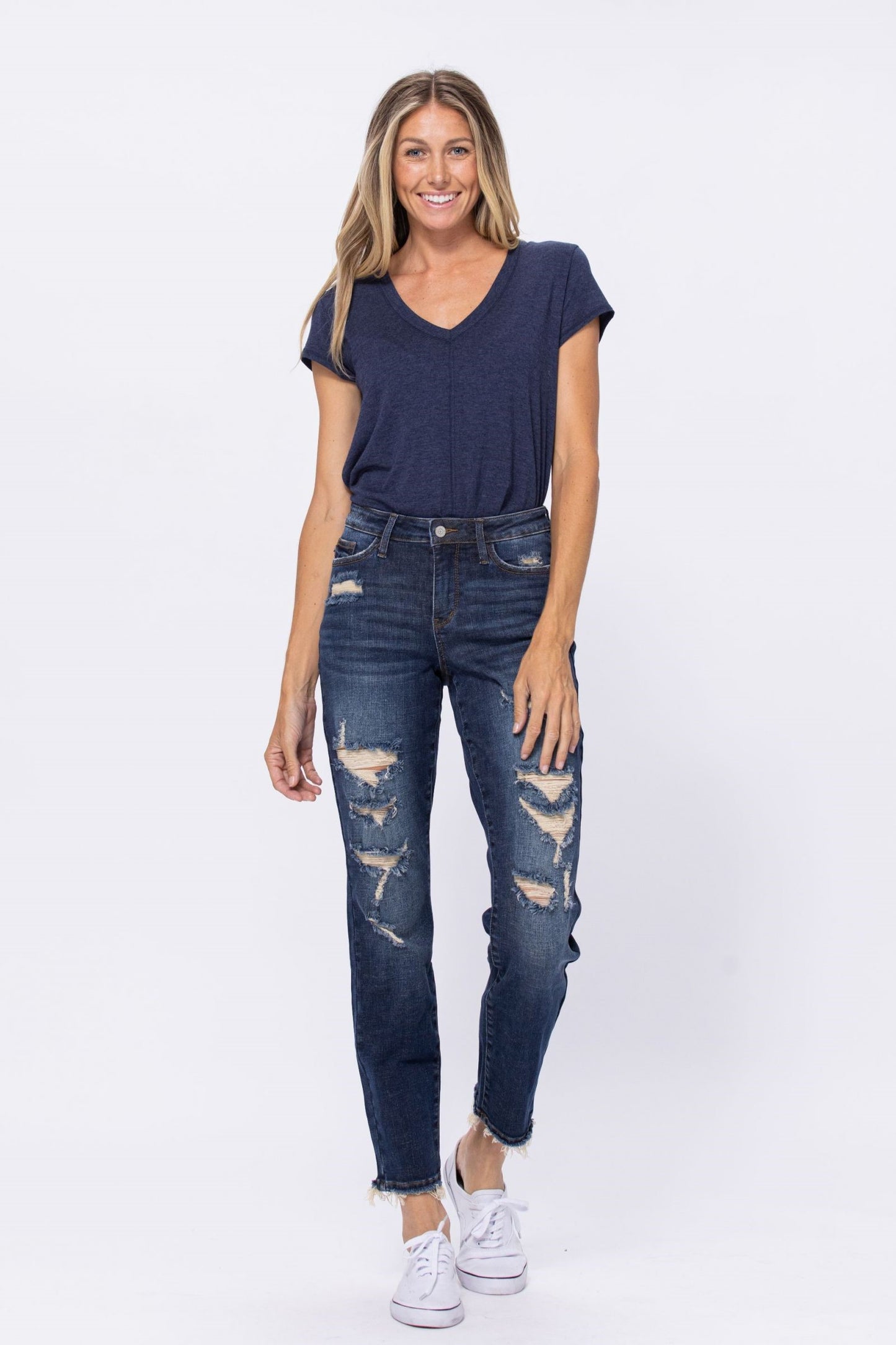 Mid Rise Destroyed Boyfriend Jeans - Dark Denim