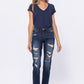 Mid Rise Destroyed Boyfriend Jeans - Dark Denim