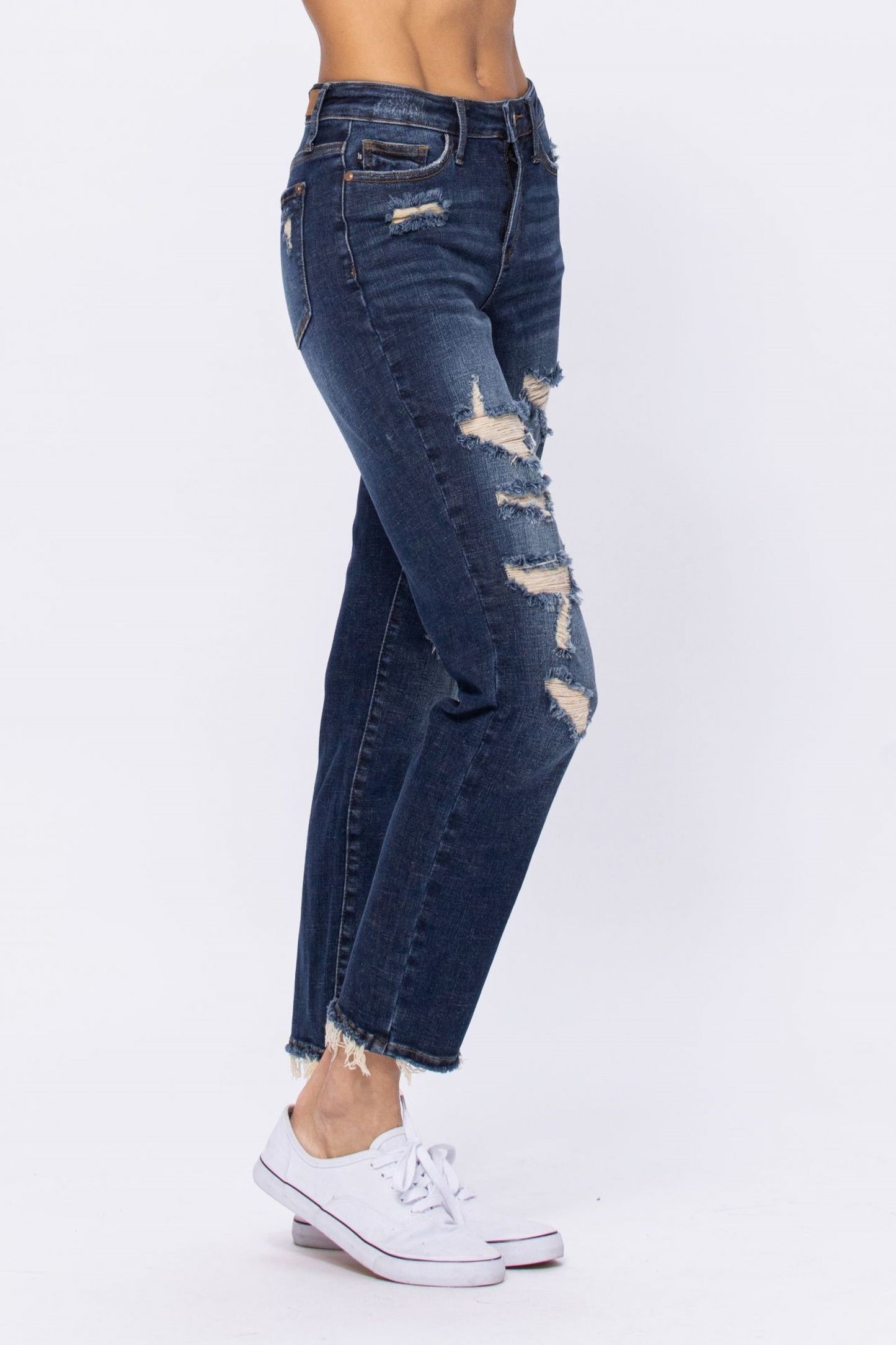 Mid Rise Destroyed Boyfriend Jeans - Dark Denim