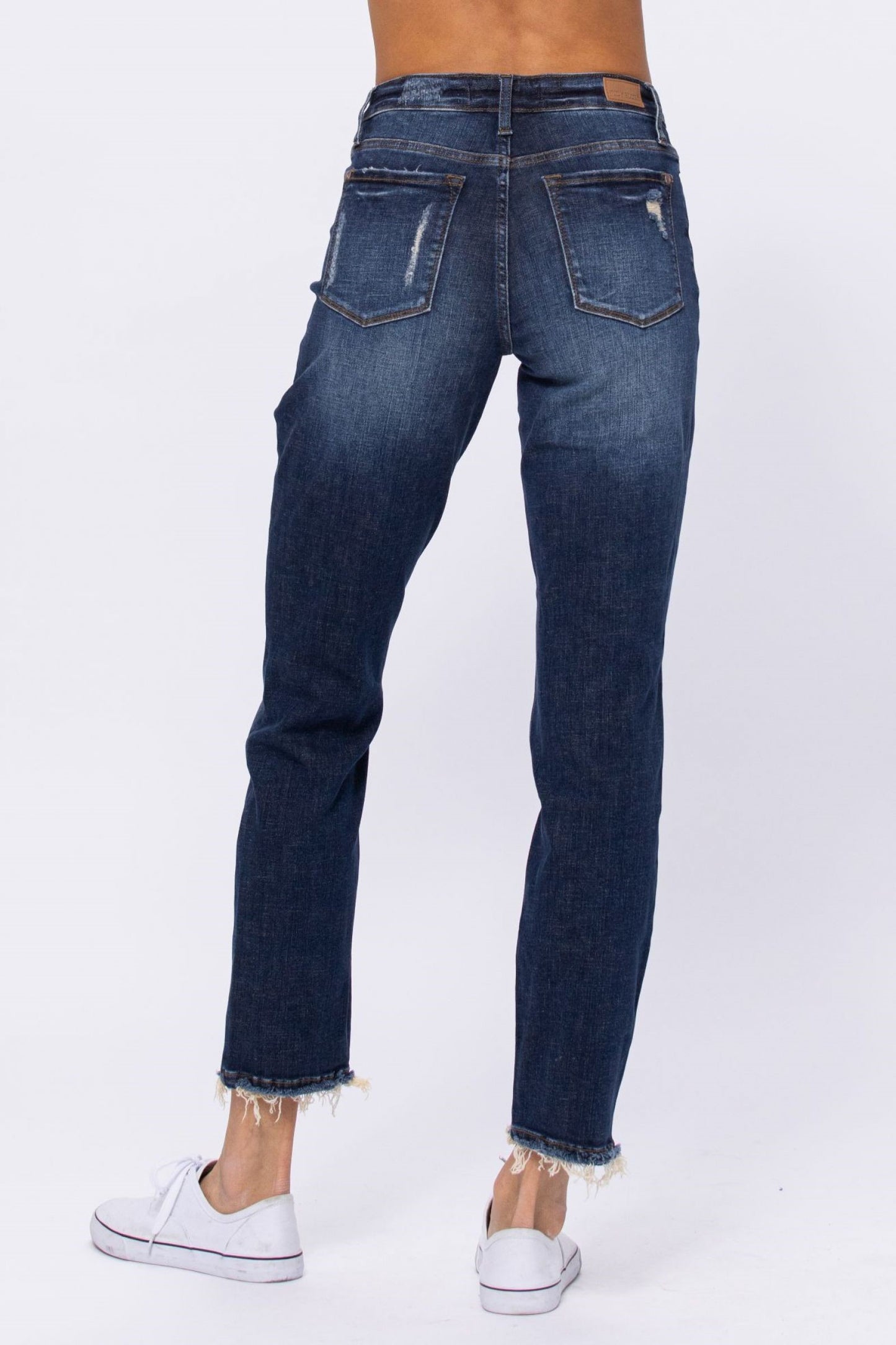 Mid Rise Destroyed Boyfriend Jeans - Dark Denim