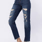 Mid Rise Destroyed Boyfriend Jeans - Dark Denim