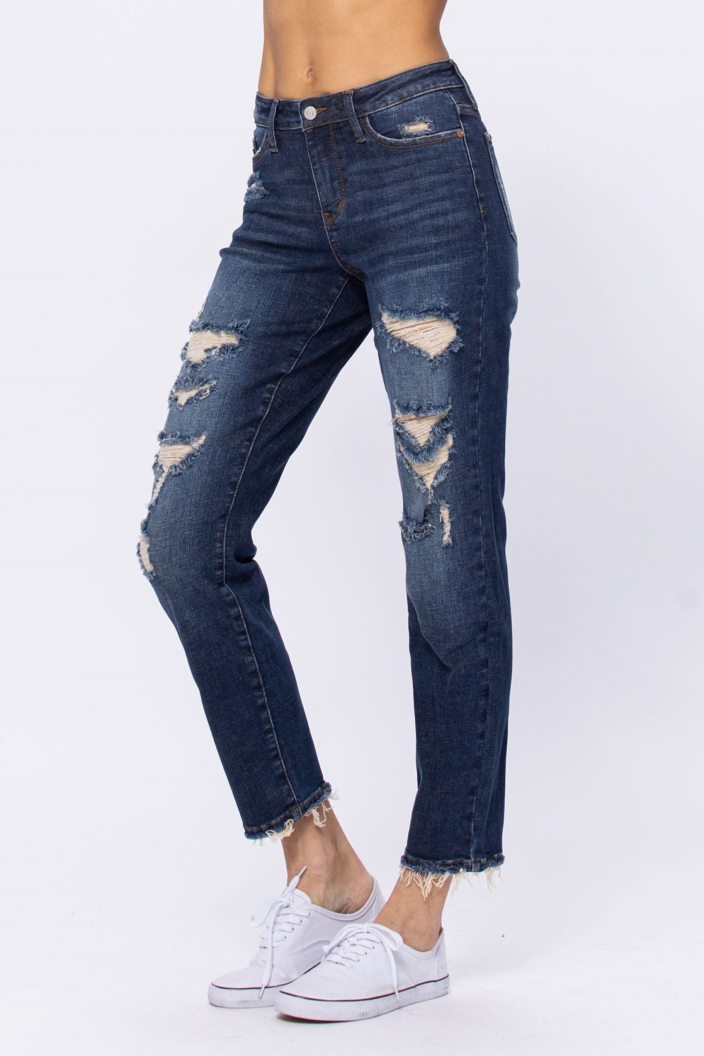 Mid Rise Destroyed Boyfriend Jeans - Dark Denim