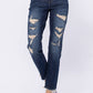 Mid Rise Destroyed Boyfriend Jeans - Dark Denim