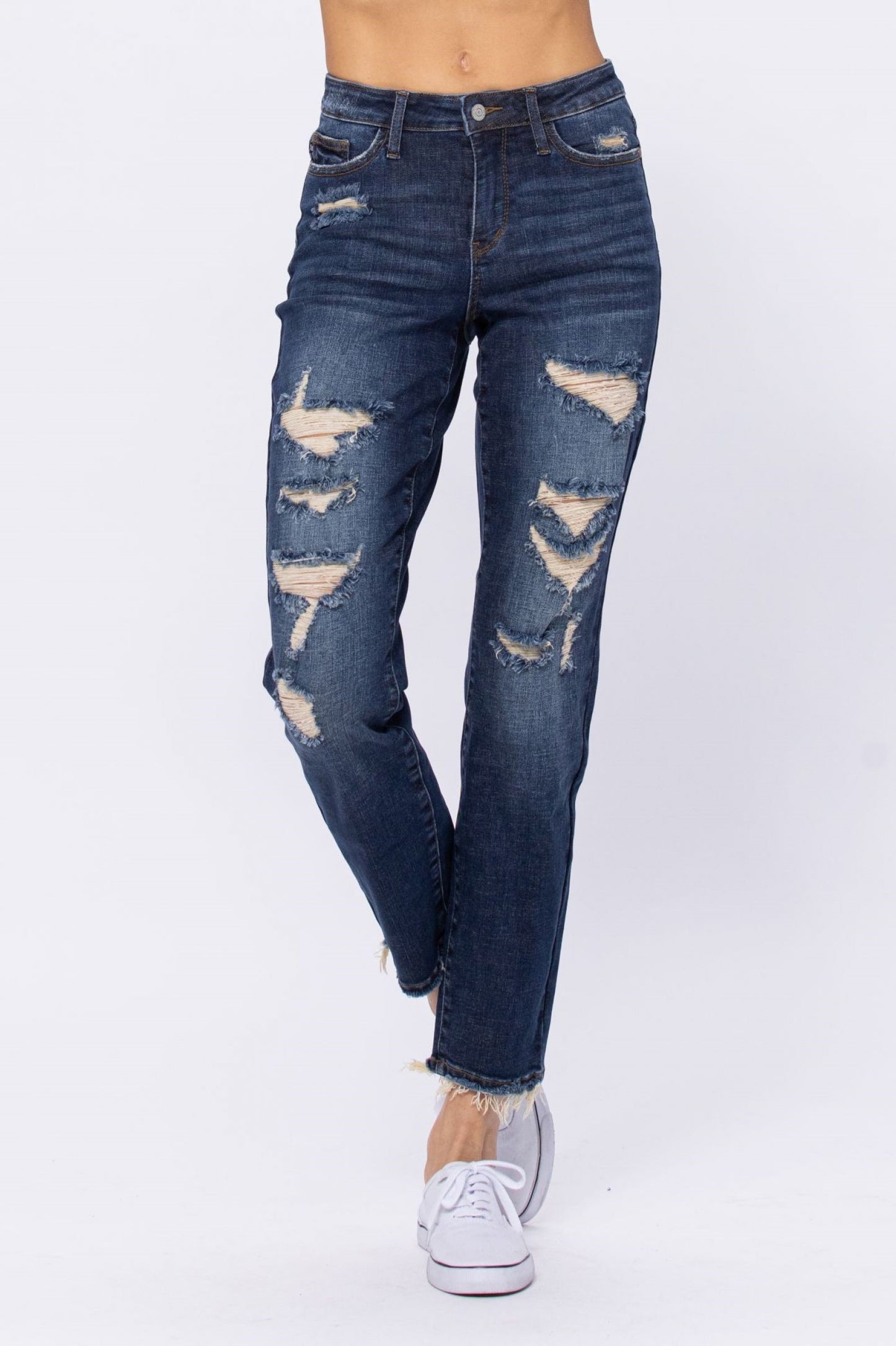 Mid Rise Destroyed Boyfriend Jeans - Dark Denim