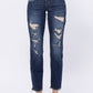 Mid Rise Destroyed Boyfriend Jeans - Dark Denim