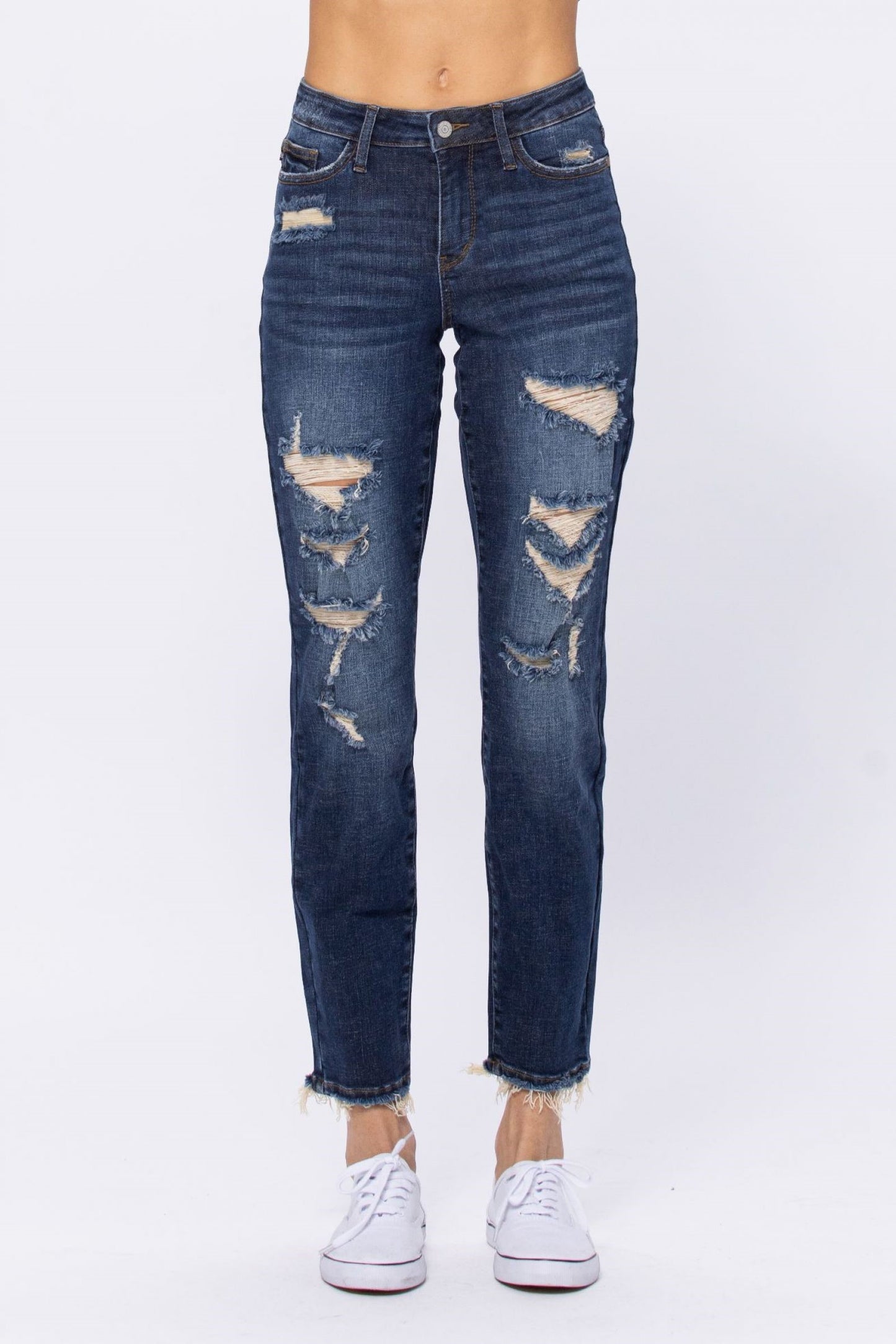 Mid Rise Destroyed Boyfriend Jeans - Dark Denim