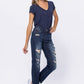 Mid Rise Destroyed Boyfriend Jeans - Dark Denim