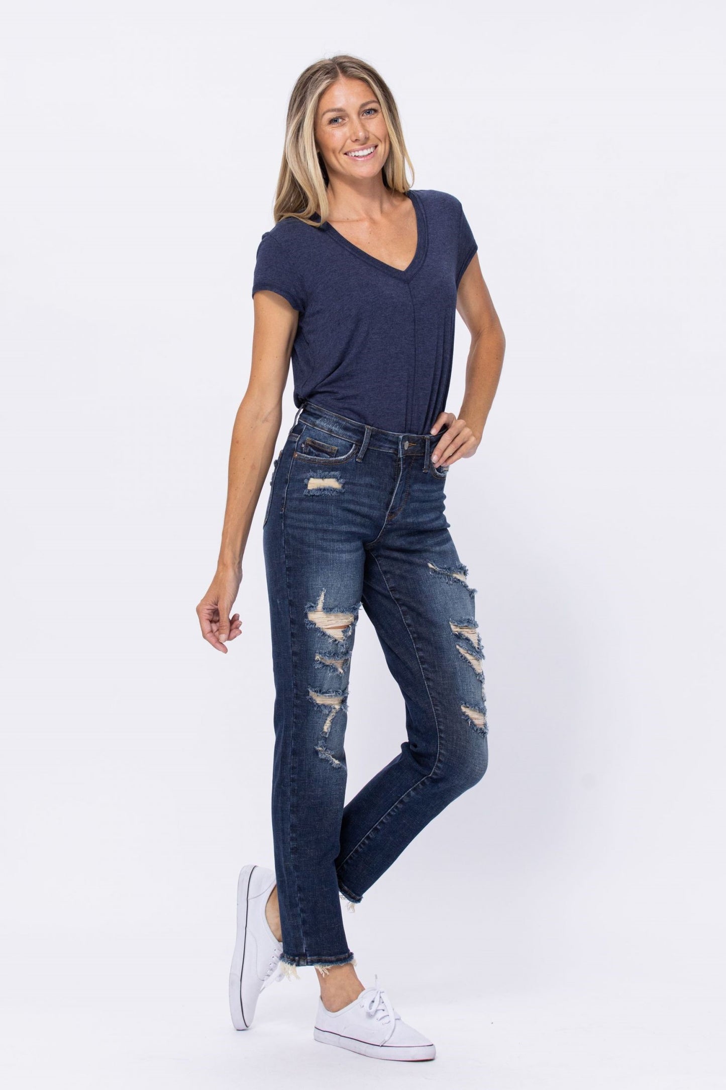 Mid Rise Destroyed Boyfriend Jeans - Dark Denim