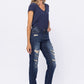 Mid Rise Destroyed Boyfriend Jeans - Dark Denim