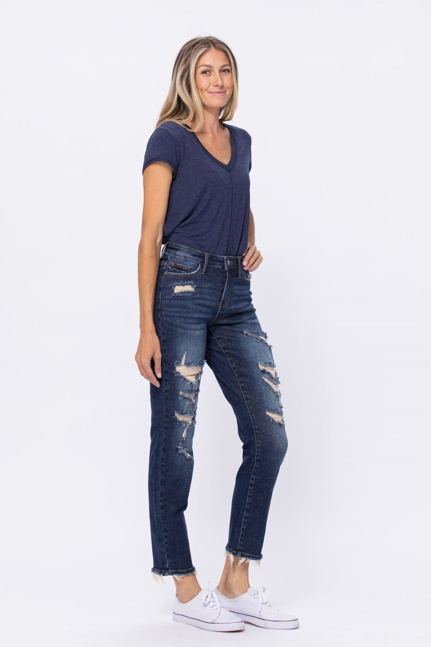 Mid Rise Destroyed Boyfriend Jeans - Dark Denim