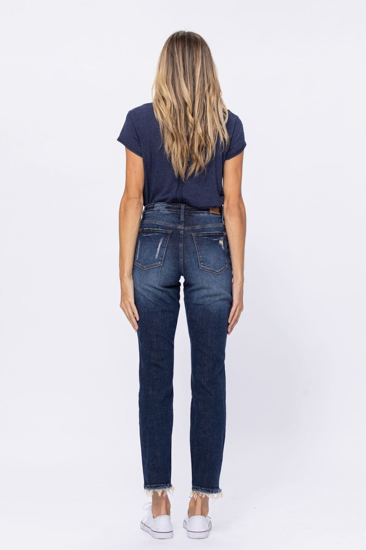 Mid Rise Destroyed Boyfriend Jeans - Dark Denim