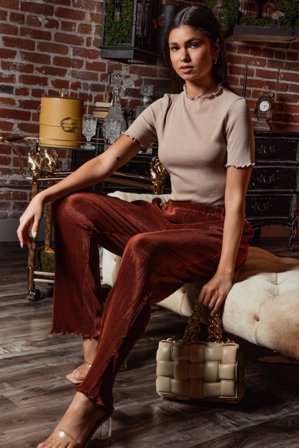 Plisse Fit & Flare Pants - Cinnamon