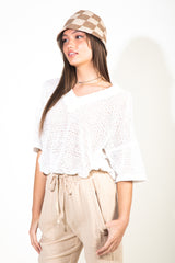 Raw Edge Detailed Solid Waffle Knit Top - White ONLY 1 LARGE LEFT