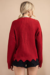 Scallop Hem Sweater Top - Red