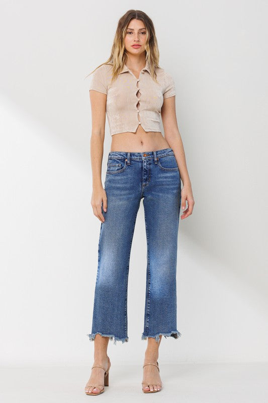 Mid Rise Straight Leg Jeans with Frayed Hem - Medium Vintage