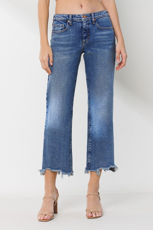 Mid Rise Straight Leg Jeans with Frayed Hem - Medium Vintage