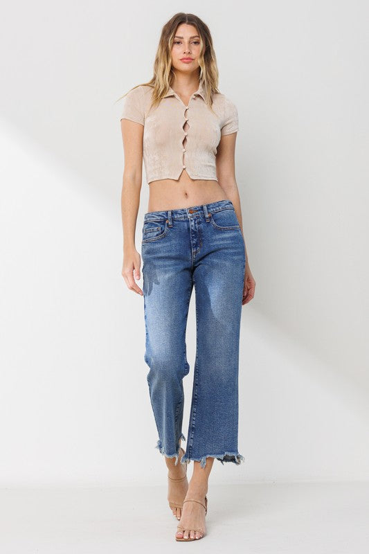 Mid Rise Straight Leg Jeans with Frayed Hem - Medium Vintage