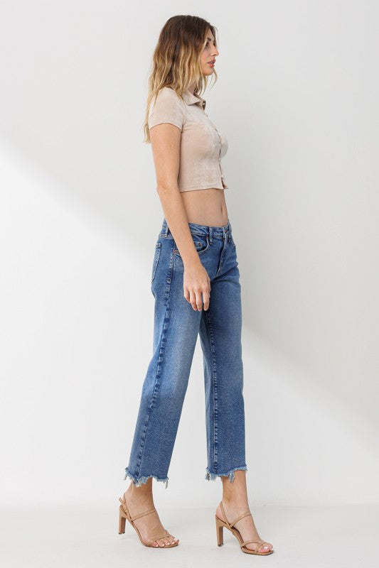 Mid Rise Straight Leg Jeans with Frayed Hem - Medium Vintage