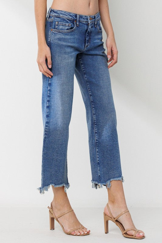 Mid Rise Straight Leg Jeans with Frayed Hem - Medium Vintage