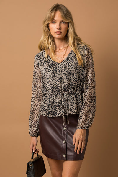 Animal Print Elastic Waist Top - Taupe/Black ONLY 1 SMALL LEFT
