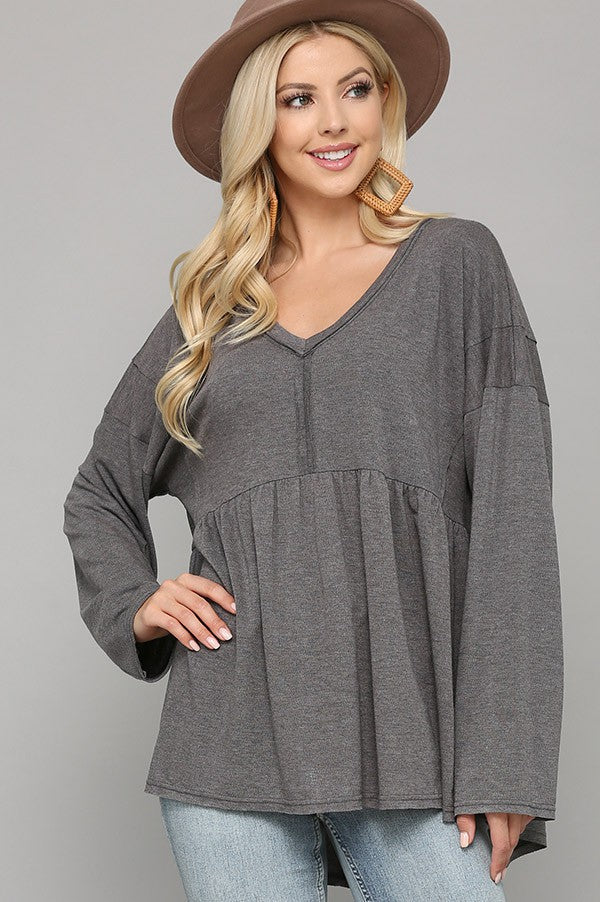 Baby Doll V Neck Top - Charcoal