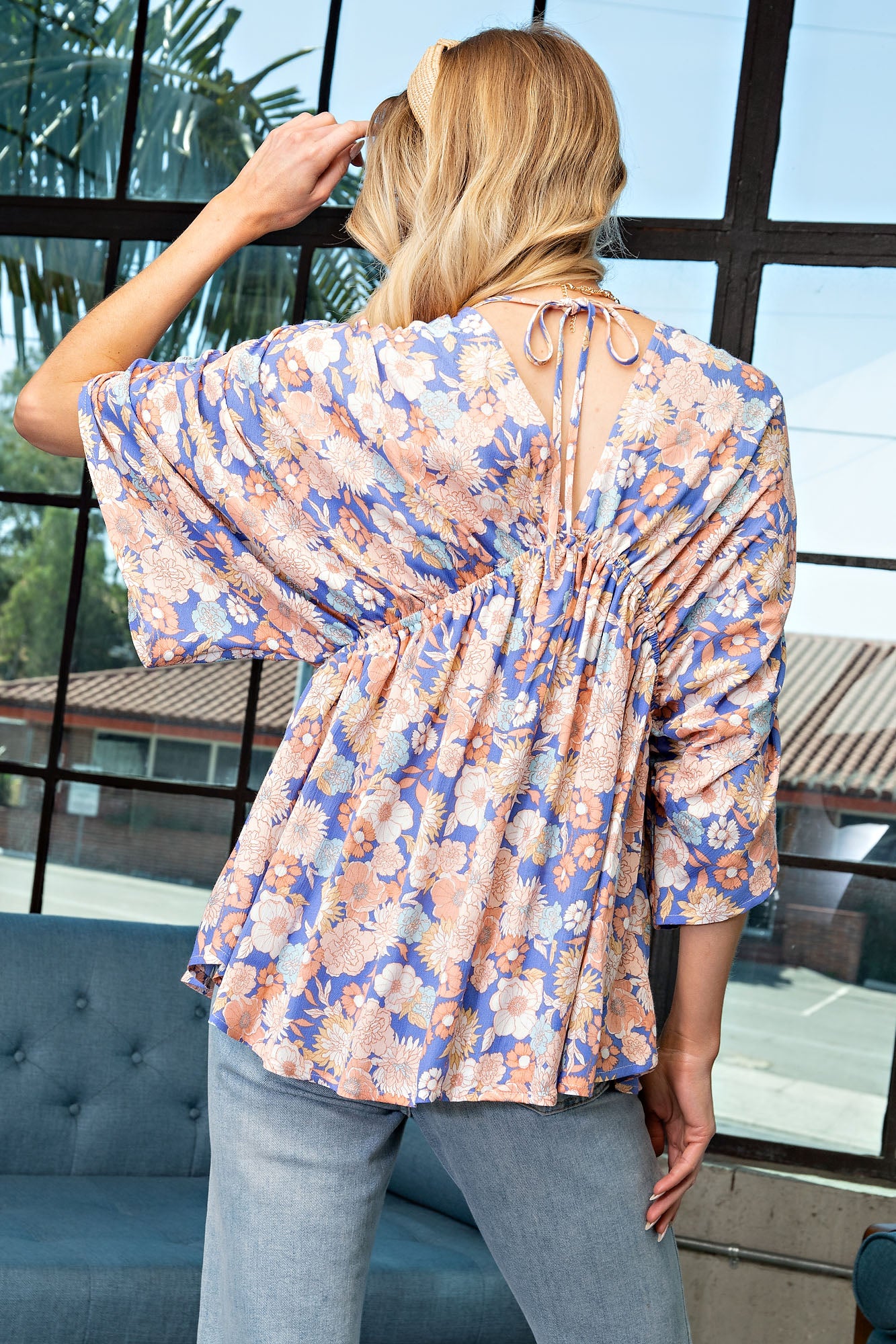 V Neck Shirred Detail Floral Top - Royal Blue – Lola's Lookbook