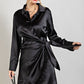 Satin Surplice Dress with Feather Trim Hem - Black ONLY L LEFT