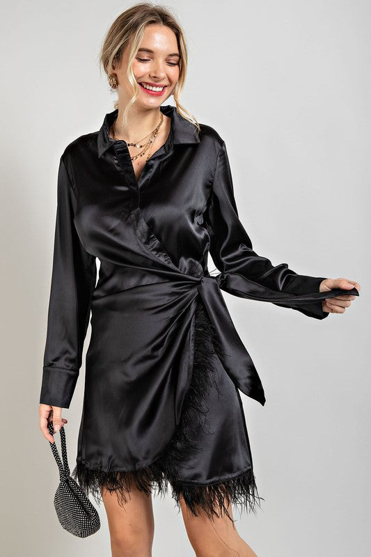 Satin Surplice Dress with Feather Trim Hem - Black ONLY L LEFT