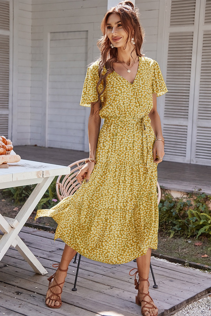 V Neck Short Sleeve Flower Print Dress - Yellow
