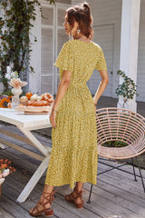 V Neck Short Sleeve Flower Print Dress - Yellow