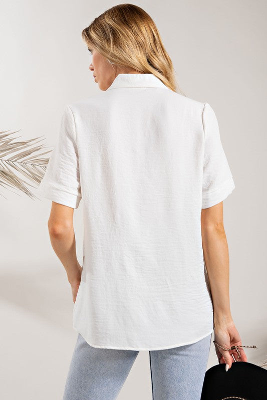 Pleated Detail Collared Shirt  - Off White ONLY 1 SMALL LEFT